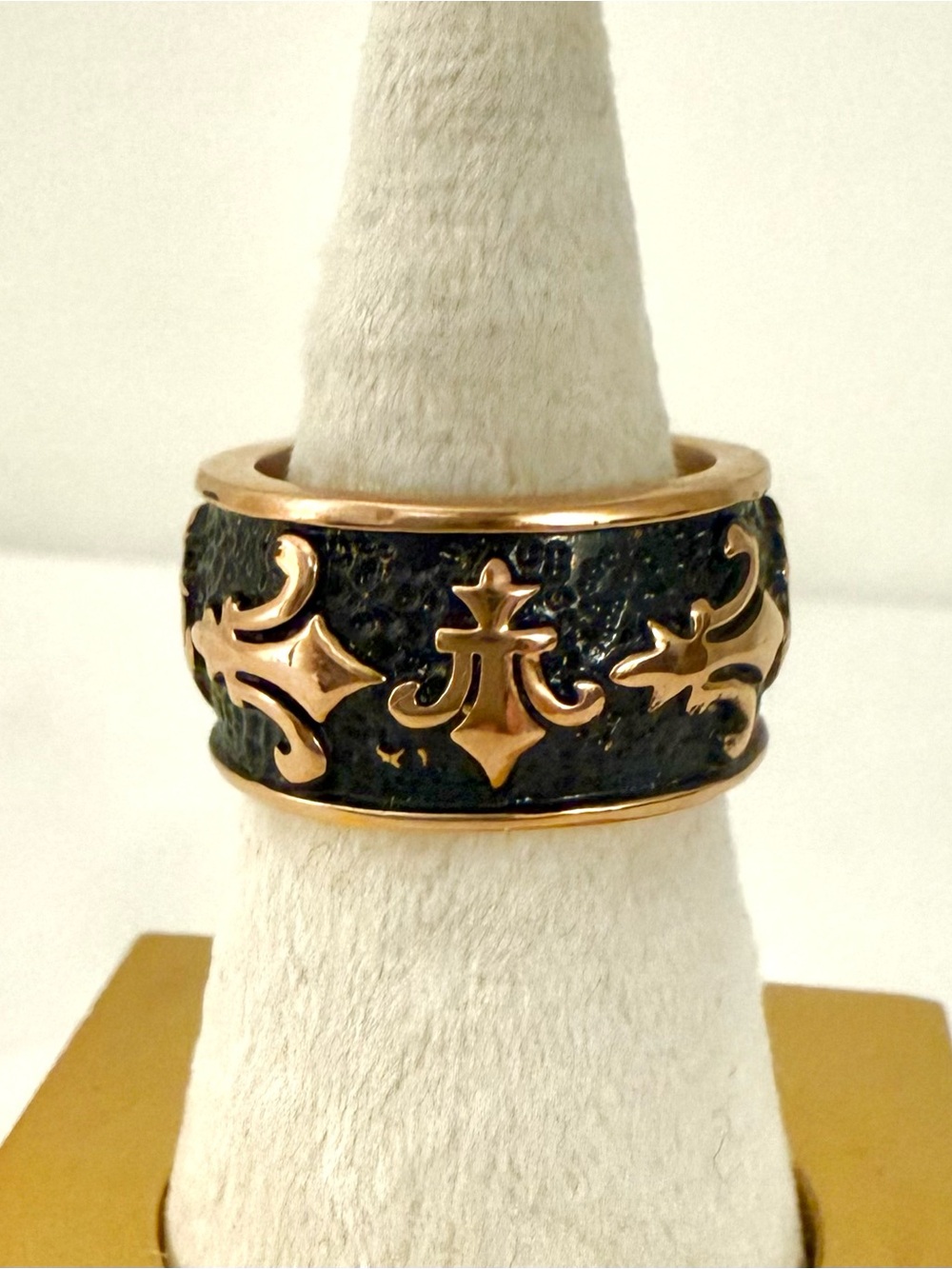Mens Stainless Steel Black Gold Fleur De Lis Wide Band Ring Size 9 20.1g